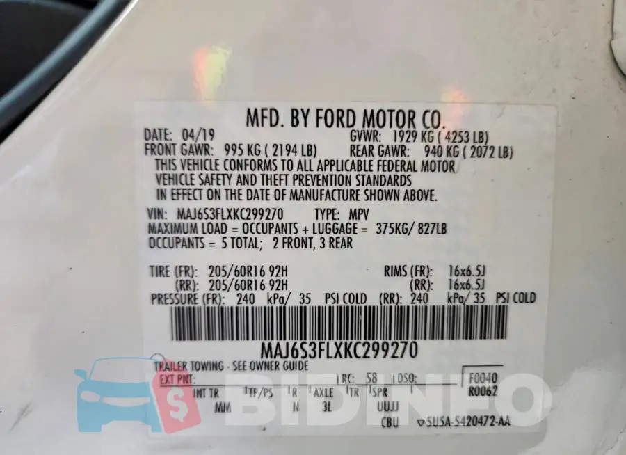 MAJ6S3FLXKC299270 Photo# 13