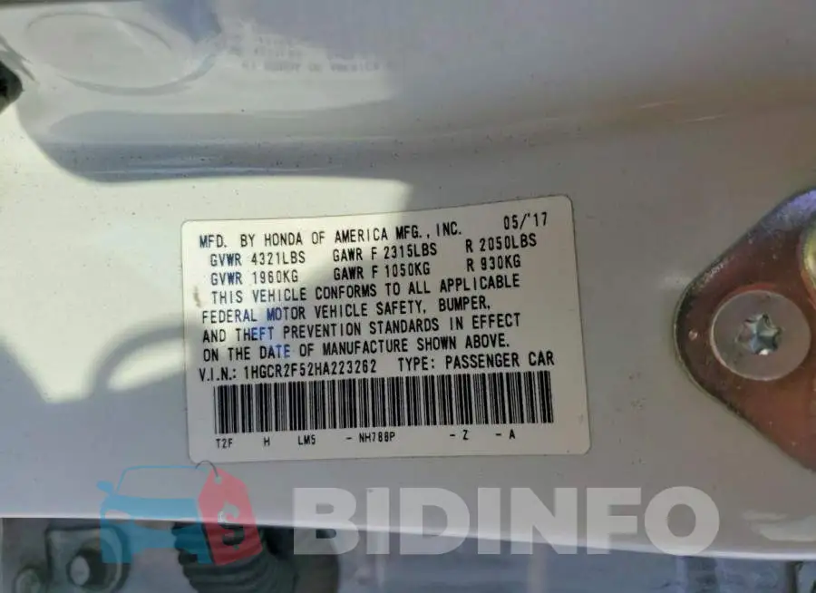 1HGCR2F52HA223262 Photo# 12