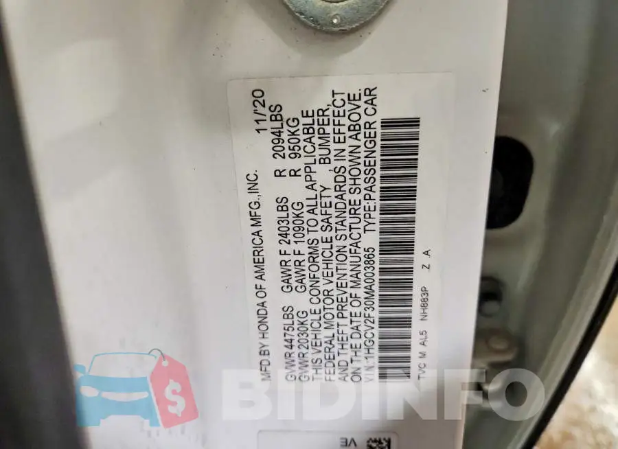 1HGCV2F30MA003865 Photo# 12