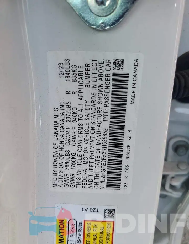 2HGFE2F53RH535652 Photo# 12