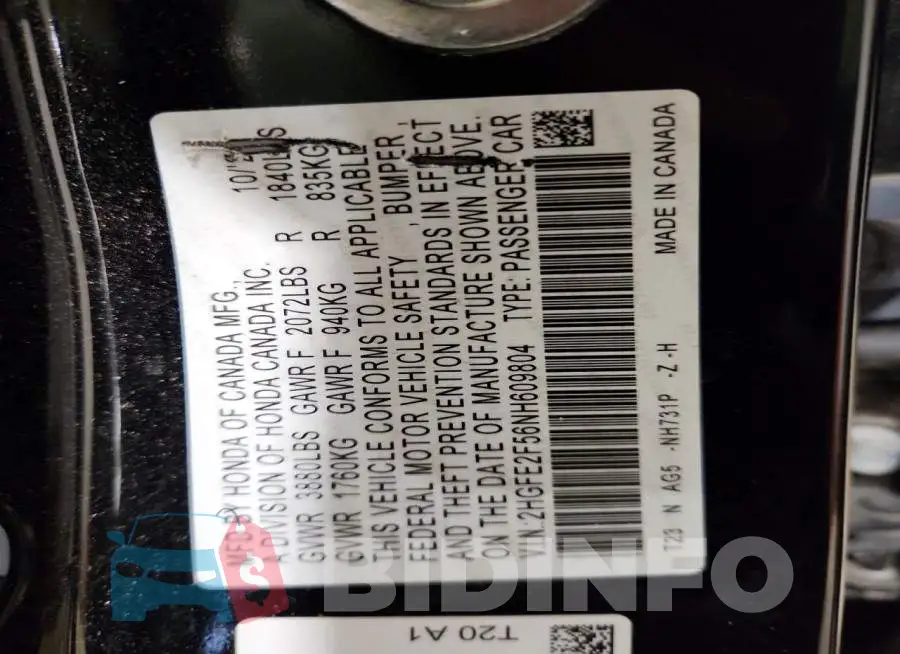 2HGFE2F56NH609804 Photo# 12