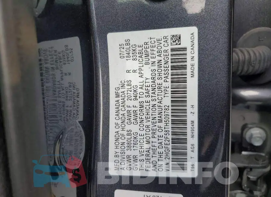 2HGFE2F58TH509782 Photo# 12