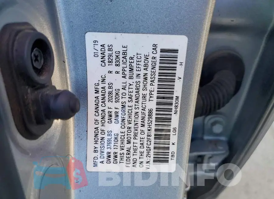 2HGFC2F81KH529886 Photo# 12