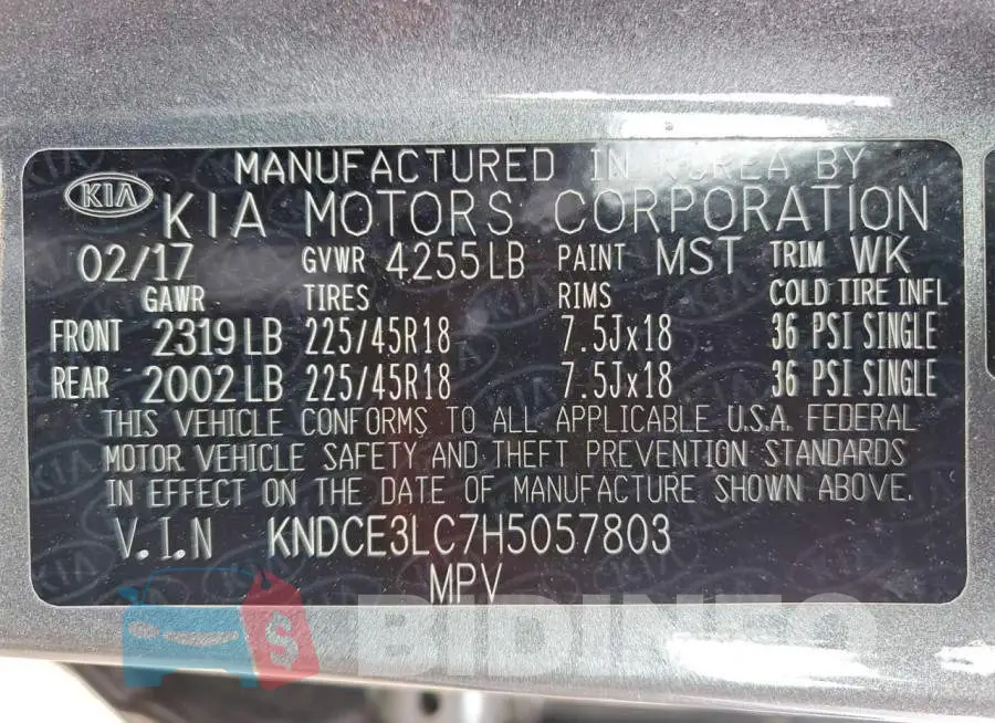 KNDCE3LC7H5057803 Photo# 14
