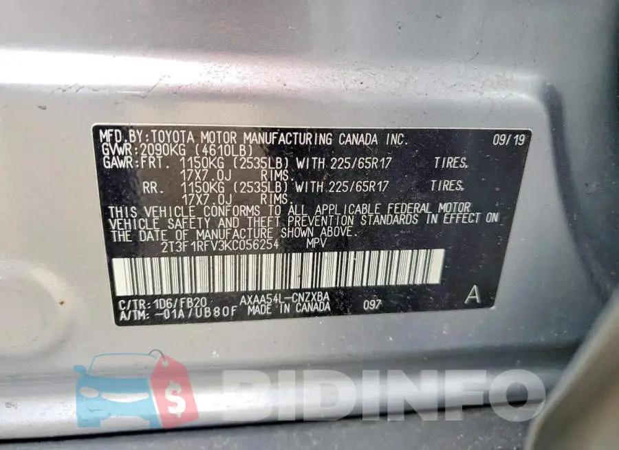 2T3F1RFV3KC056254 Photo# 13