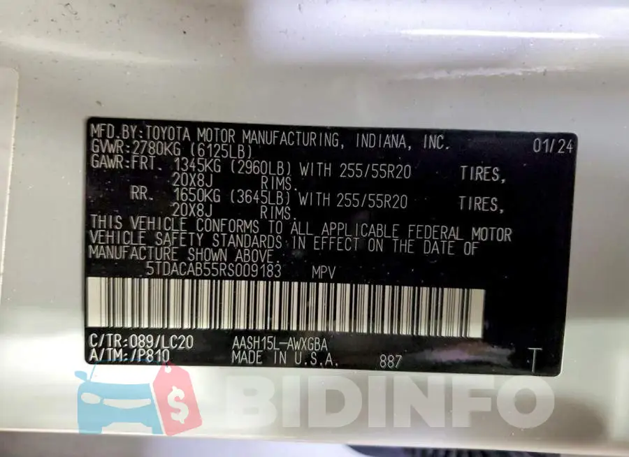 5TDACAB55RS009183 Photo# 13