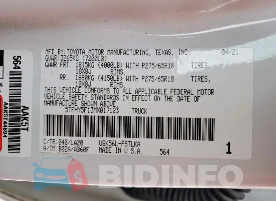5TFHY5F13MX017123 Photo# 12