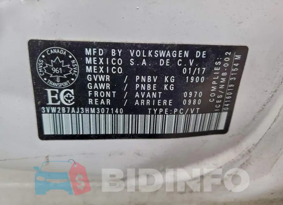 3VW2B7AJ3HM307140 Photo# 12