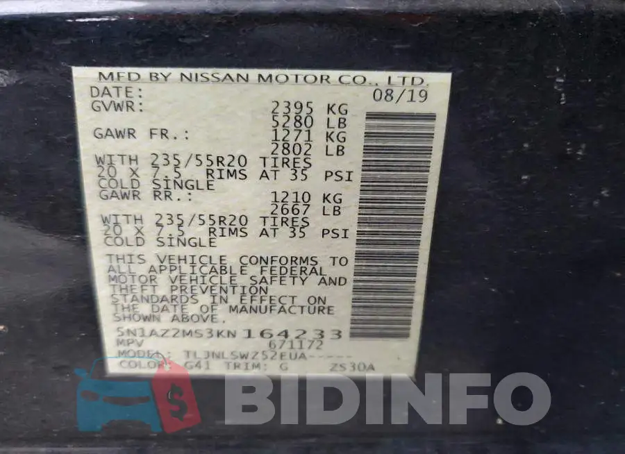 5N1AZ2MS3KN164233 Photo# 13