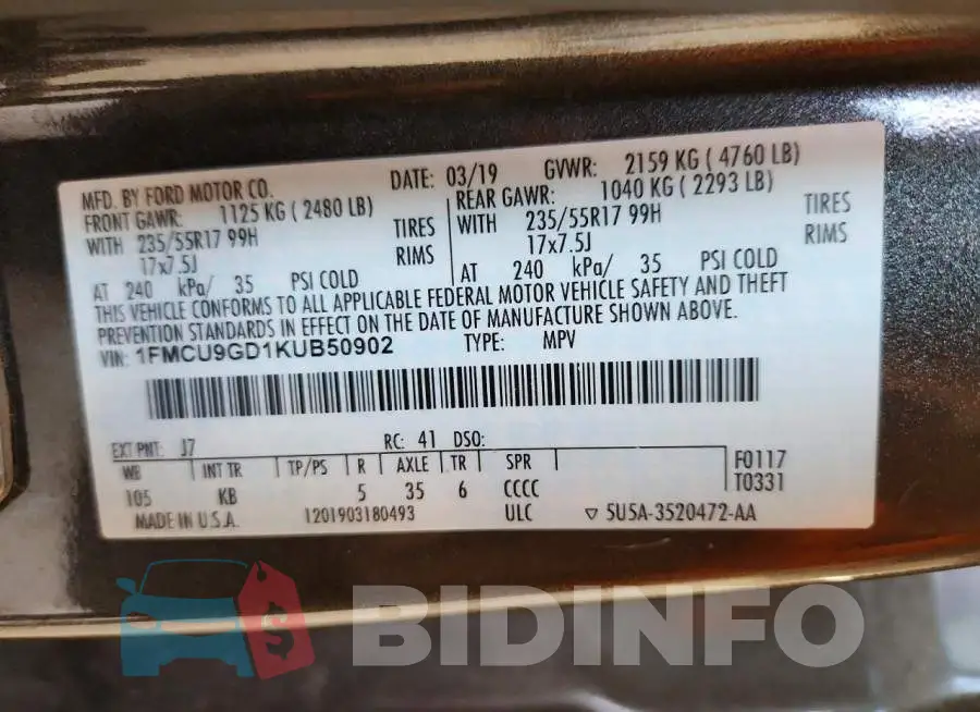 1FMCU9GD1KUB50902 Photo# 12