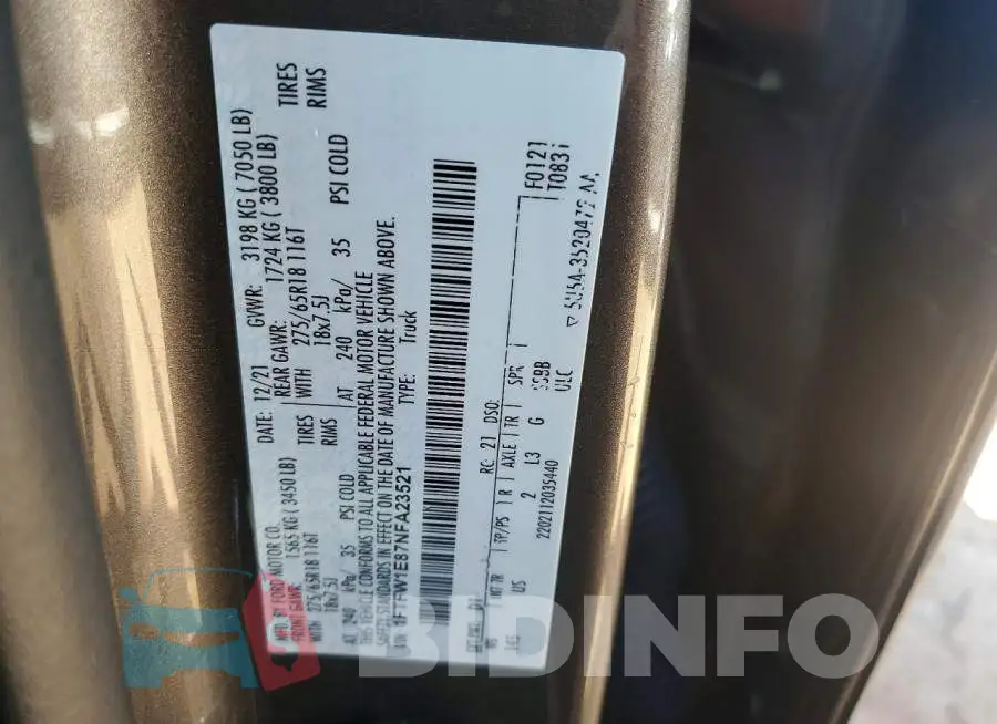 1FTFW1E87NFA23521 Photo# 12