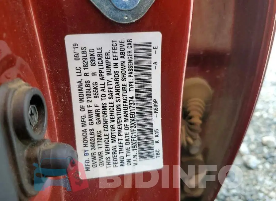 19XFC1F3XKE017374 Photo# 12