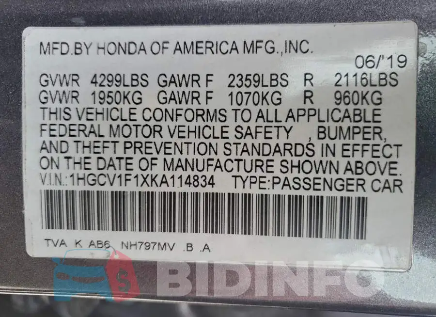 1HGCV1F1XKA114834 Photo# 13