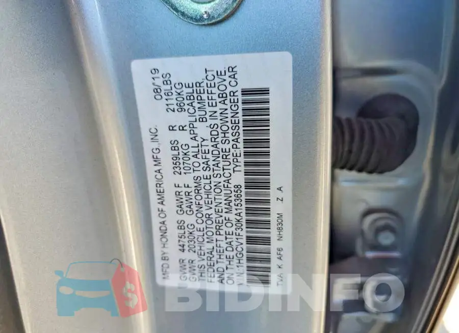 1HGCV1F30KA153658 Photo# 13