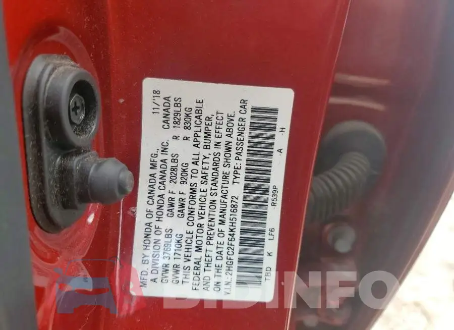 2HGFC2F64KH516872 Photo# 13