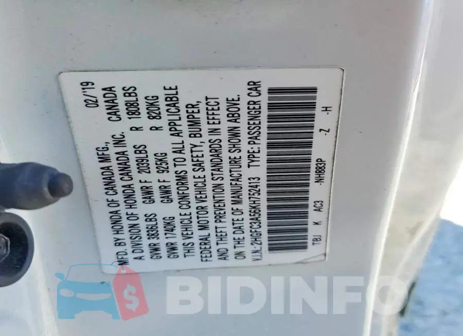 2HGFC3A56KH752413 Photo# 12