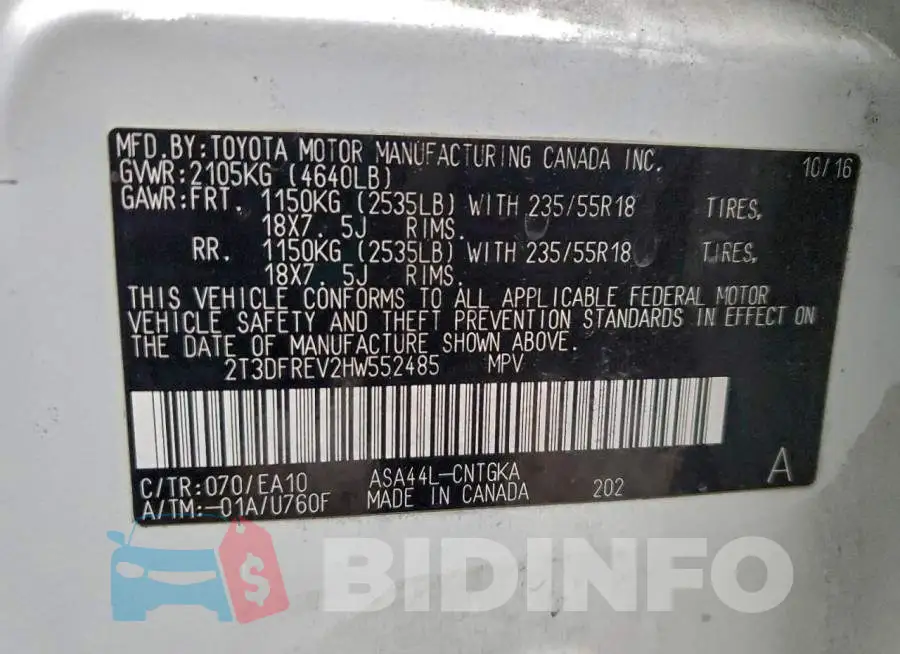 2T3DFREV2HW552485 Photo# 13