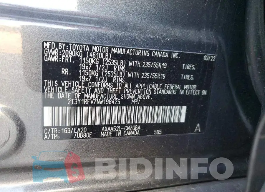 2T3Y1RFV7NW198425 Photo# 13