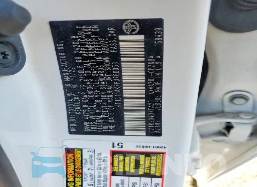 4T1C11AK7PU760053 Photo# 12