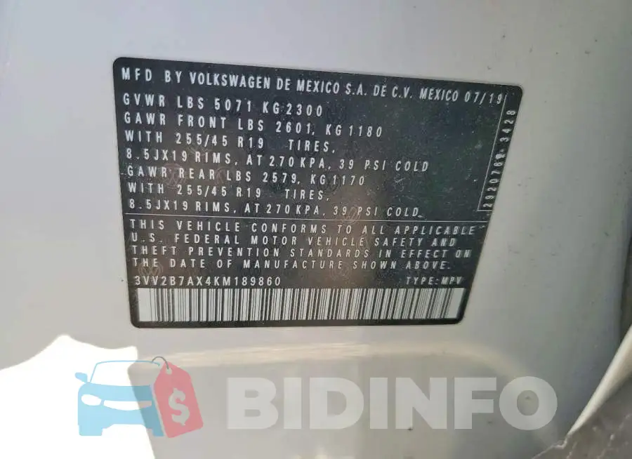 3VV2B7AX4KM189860 Photo# 13