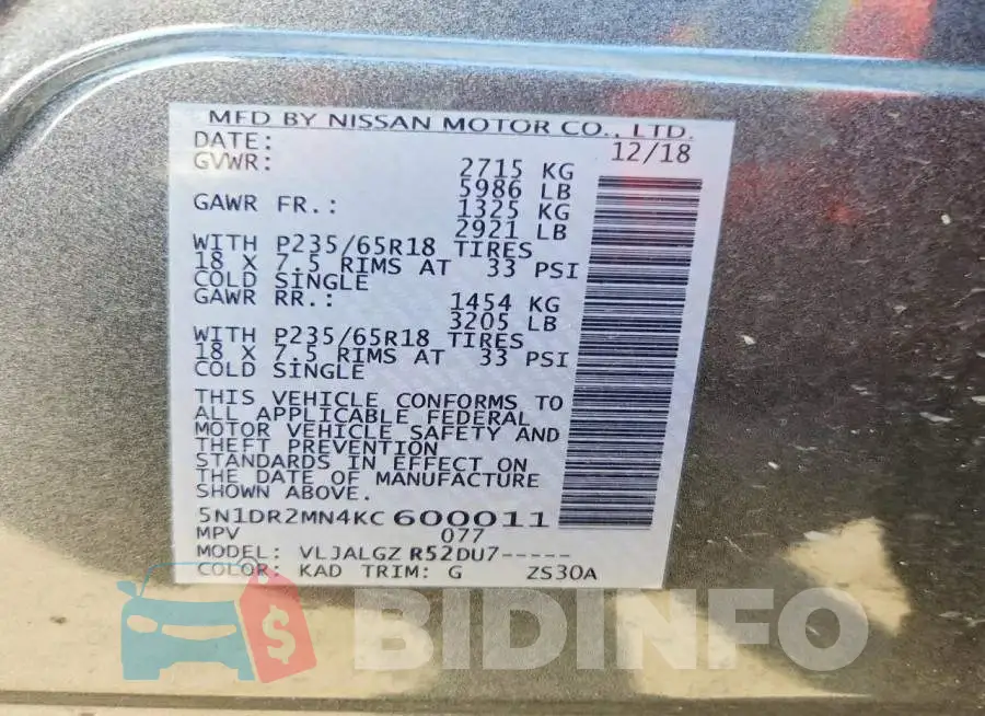 5N1DR2MN4KC600011 Photo# 13