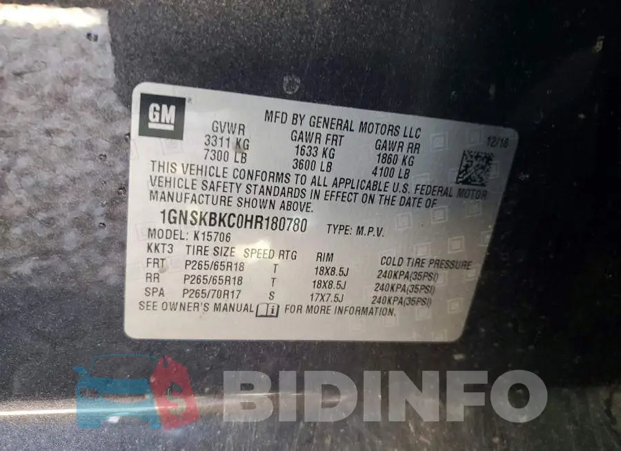 1GNSKBKC0HR180780 Photo# 13