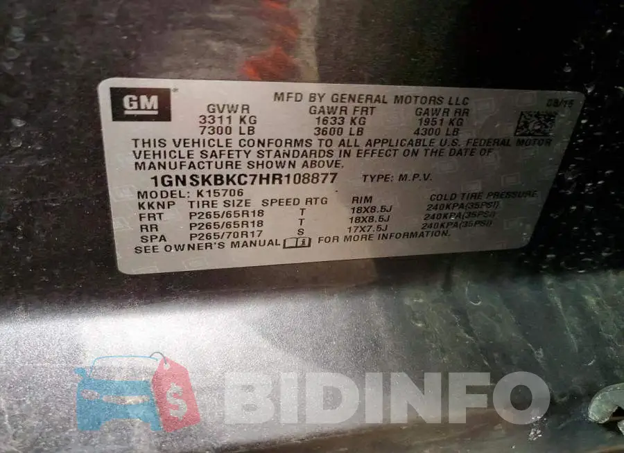 1GNSKBKC7HR108877 Photo# 14