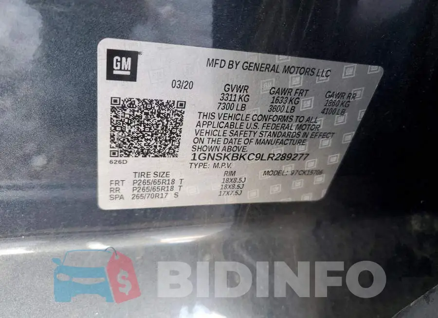 1GNSKBKC9LR289277 Photo# 13