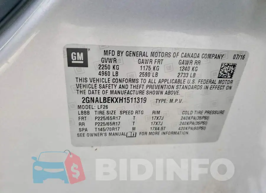 2GNALBEKXH1511319 Photo# 13