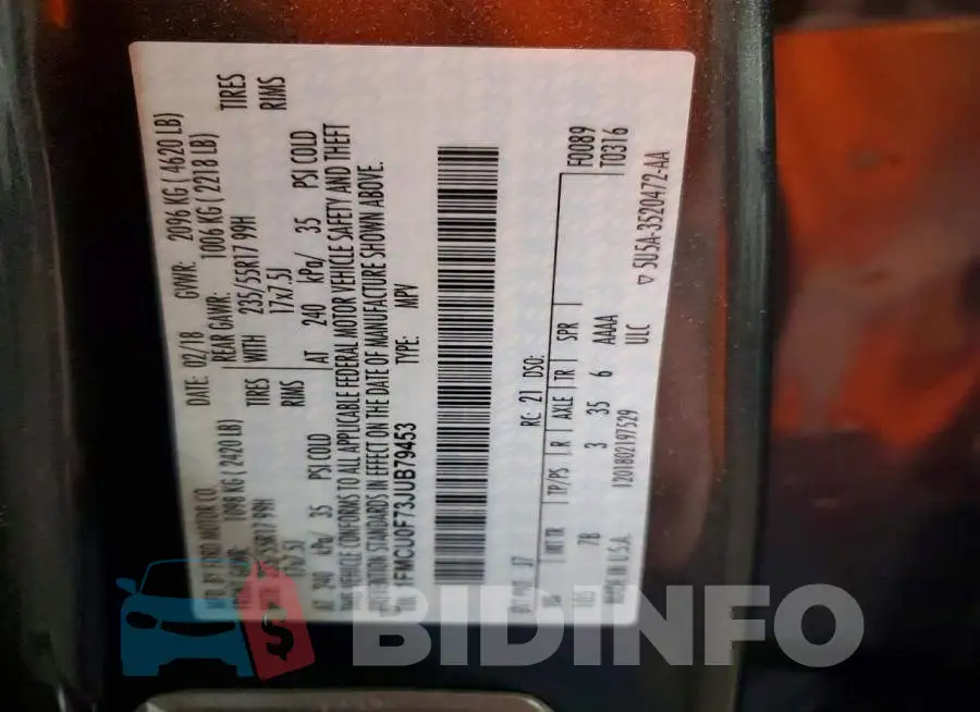 1FMCU0F73JUB79453 Photo# 14