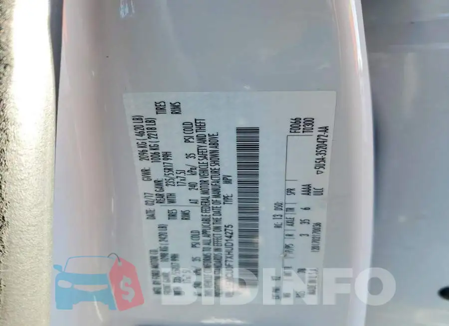 1FMCU0F7XHUD14275 Photo# 12