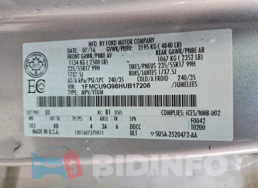 1FMCU9G98HUB17206 Photo# 13