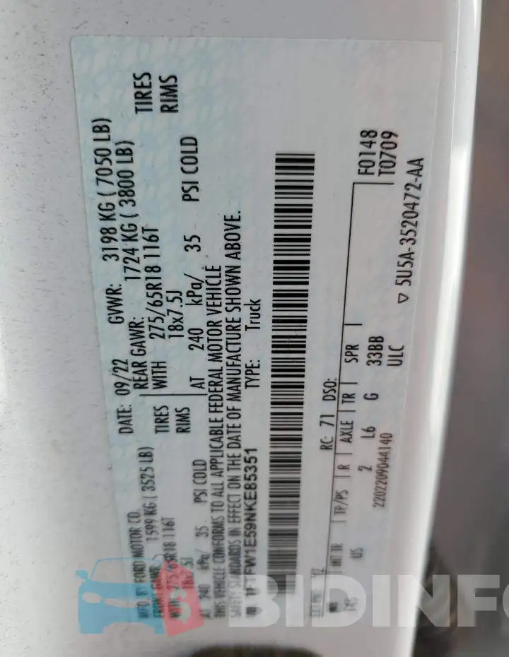 1FTFW1E59NKE85351 Photo# 12