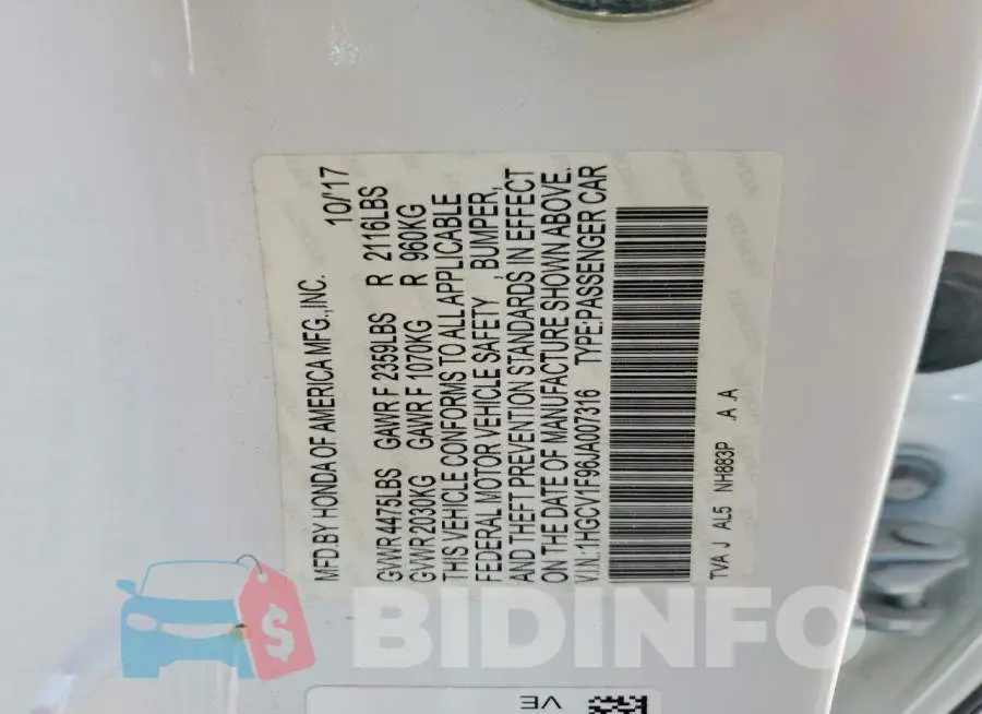 1HGCV1F96JA007316 Photo# 13