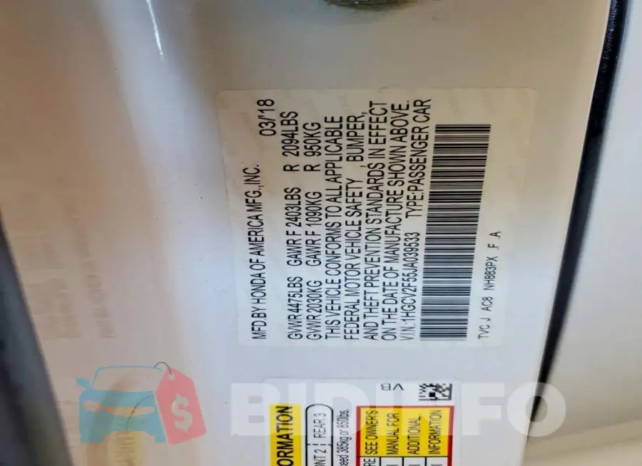 1HGCV2F55JA039533 Photo# 13