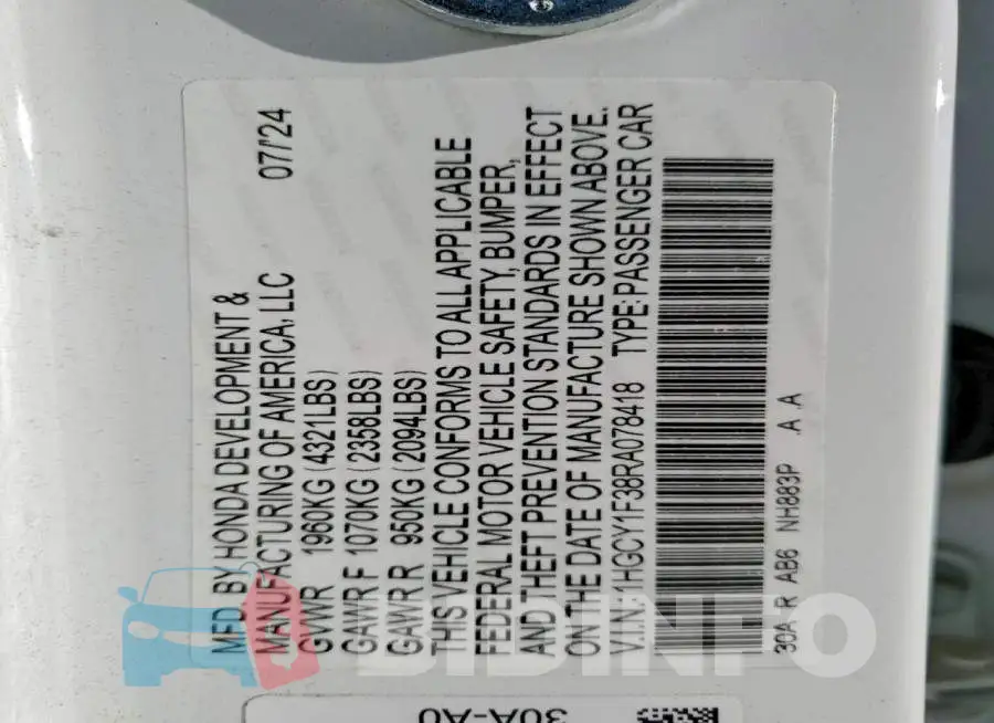 1HGCY1F38RA078418 Photo# 13