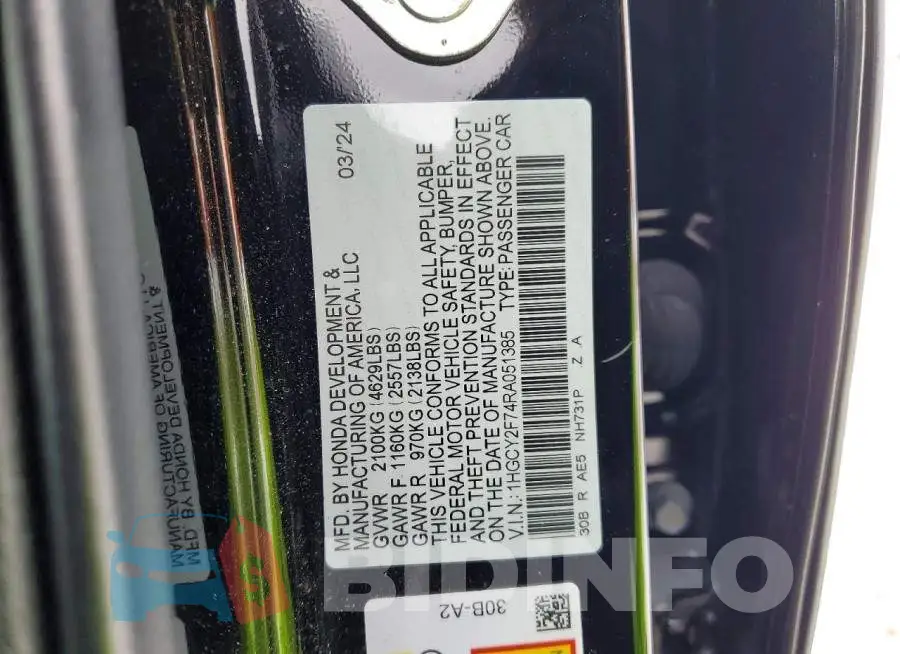 1HGCY2F74RA051385 Photo# 12