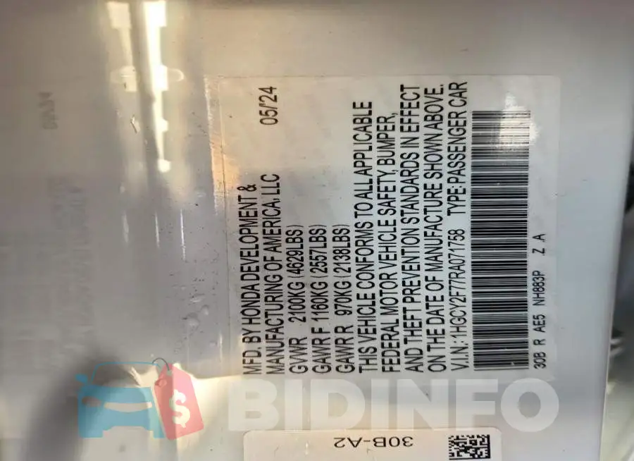 1HGCY2F77RA071758 Photo# 12