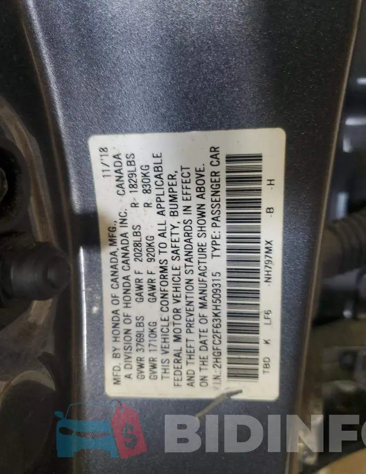 2HGFC2F63KH509315 Photo# 12