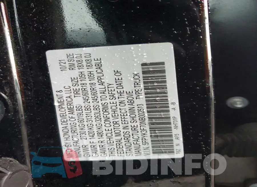 5FPYK3F70NB002513 Photo# 12
