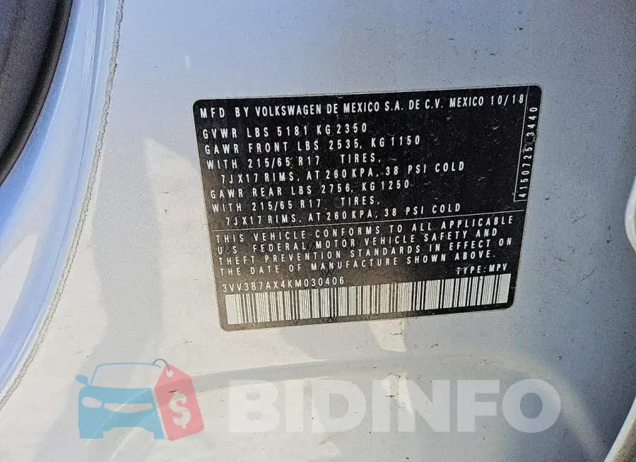 3VV3B7AX4KM030406 Photo# 13