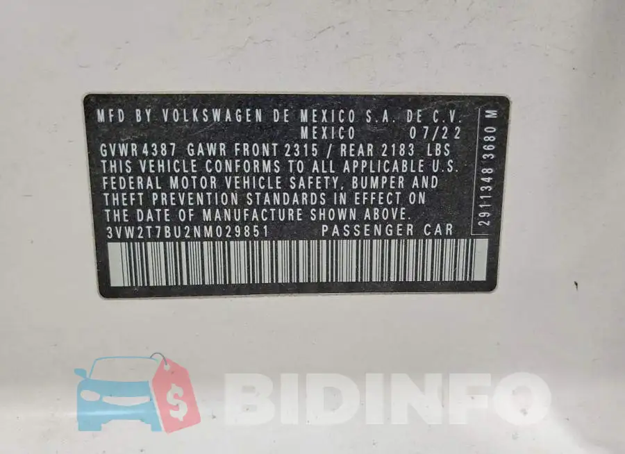 3VW2T7BU2NM029851 Photo# 12
