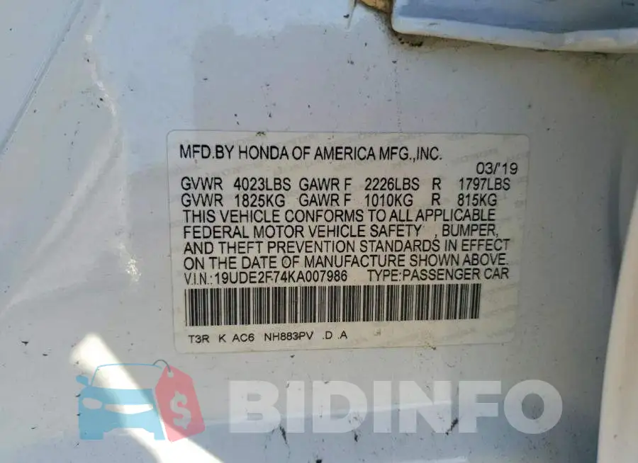 19UDE2F74KA007986 Photo# 12