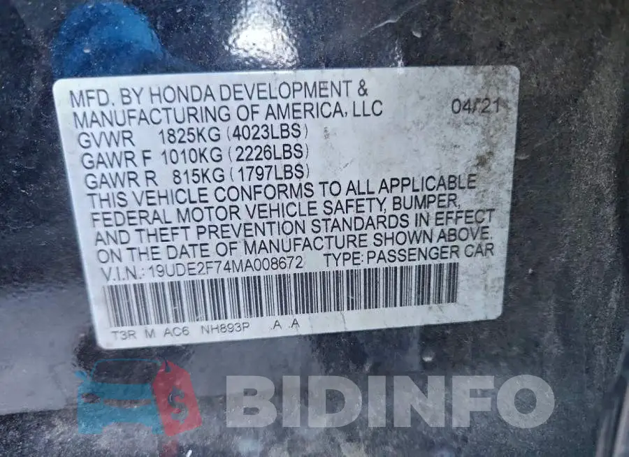 19UDE2F74MA008672 Photo# 13