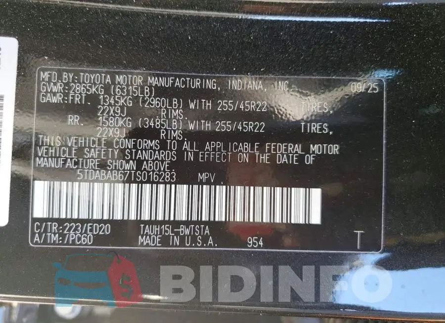 5TDABAB67TS016283 Photo# 13