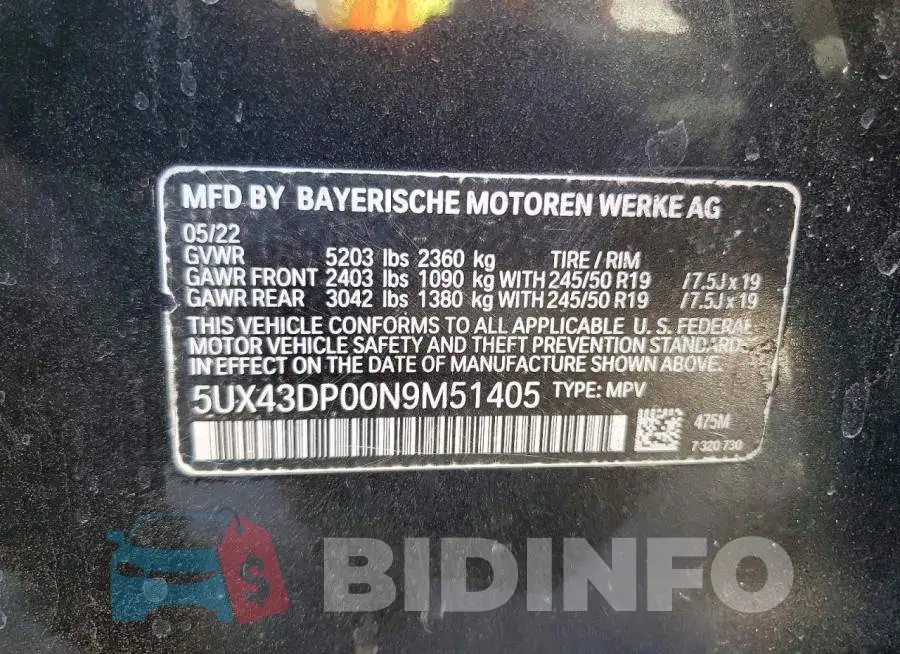 5UX43DP00N9M51405 Photo# 13