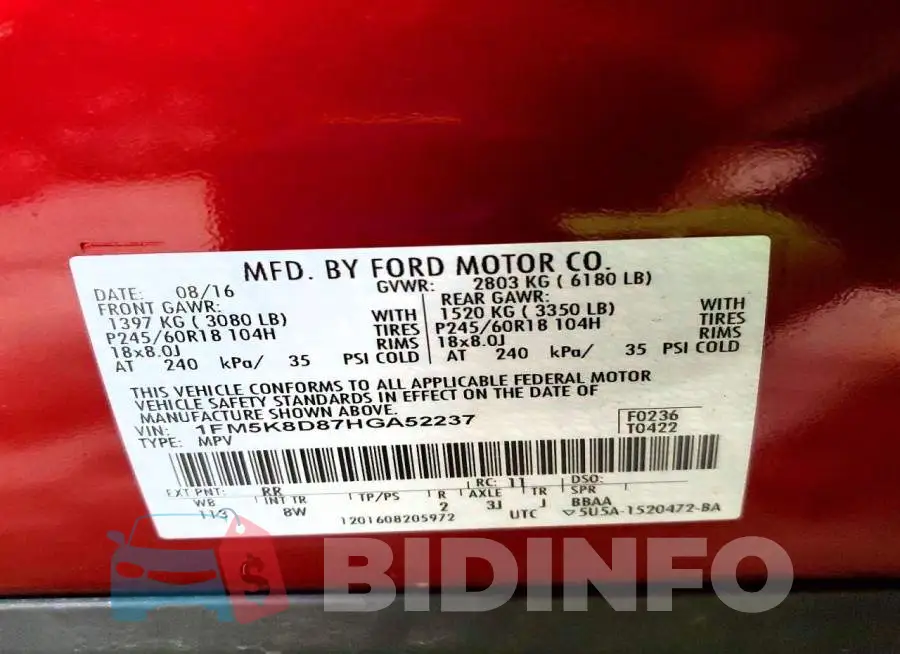 1FM5K8D87HGA52237 Photo# 14