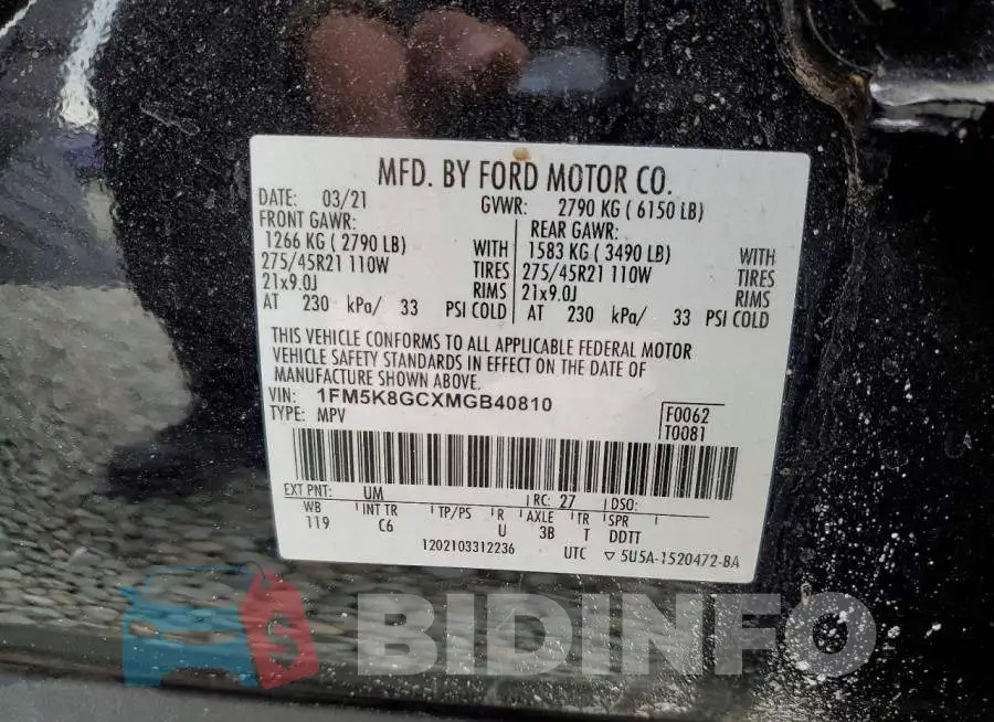 1FM5K8GCXMGB40810 Photo# 13