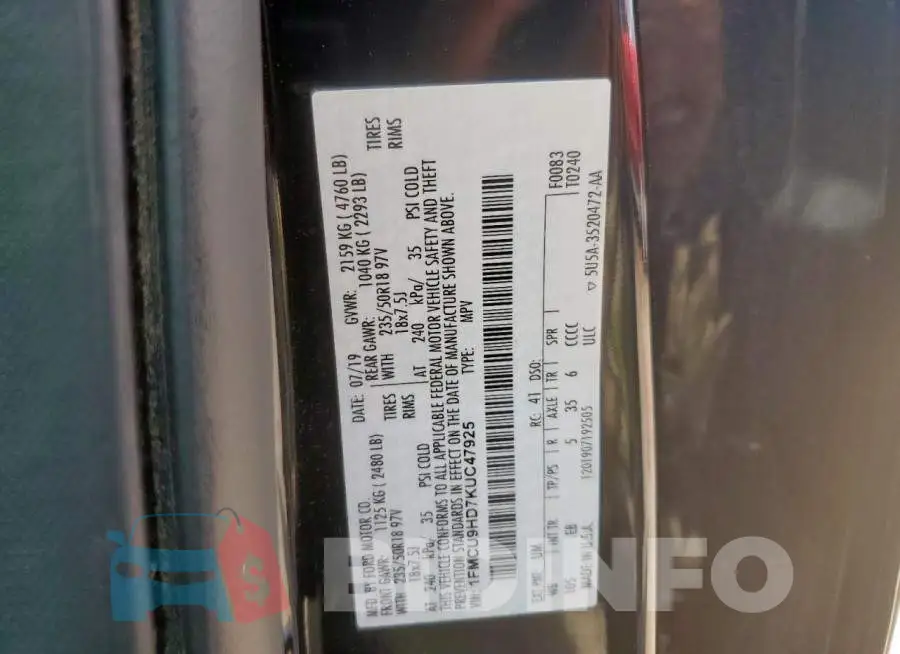 1FMCU9HD7KUC47925 Photo# 14