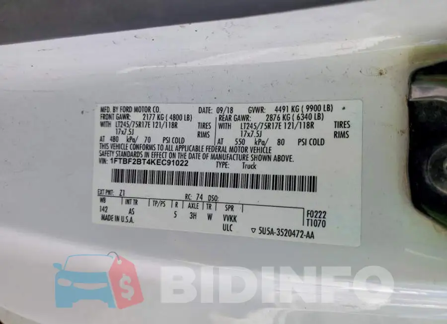 1FTBF2BT4KEC91022 Photo# 12